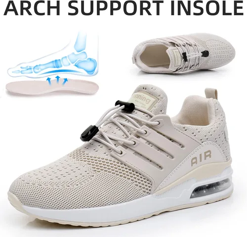 Vista 4 de BOGOVER Zapatillas de correr para mujer, transpirables, con amortiguación de aire, elásticas, sin amarre, cordones