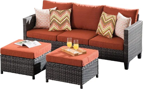 Vista 13 de ovios Juego de muebles de patio de 3 piezas para exteriores con otomanas, sofá de ratán de mimbre con reposapiés, cómodos cojines, sofás para todo