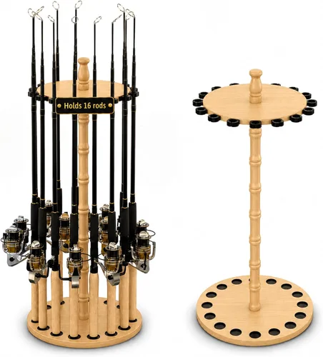 Vista 9 de Rush Creek Creations Soporte redondo para 16 cañas de pescar para garaje, soporte de cañas de pescar de acceso 360° para cañas de pescar, carretes