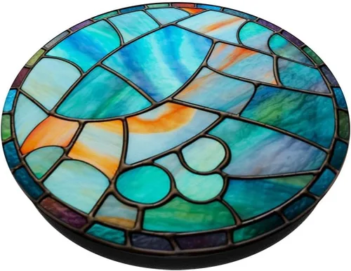 Vista 2 de Vitral redondo azul verde naranja patrón PopSockets intercambiable PopGrip