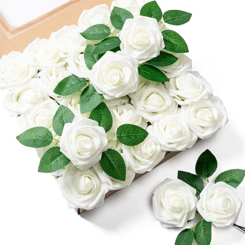 Vista 11 de Aegero Flores artificiales, 25 rosas falsas de espuma con tallos para ramos de boda, centros de mesa de despedida de soltera, arreglos, mesas