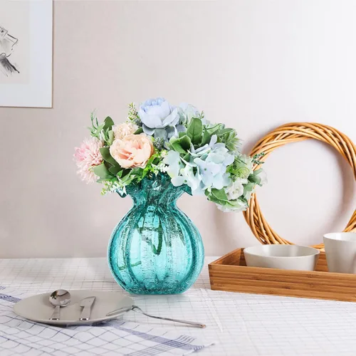 Vista 3 de Florero de vidrio soplado, florero de vidrio de arte verde, florero de arte moderno para sala de estar, cocina, boda, mesa de comedor, decoración