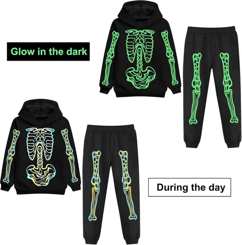 Vista 4 de TUONROAD 5-12 Years Boys Girls Halloween Outfits Kid's Skeleton Glow-in-The-Dark Hoodie Pants Set