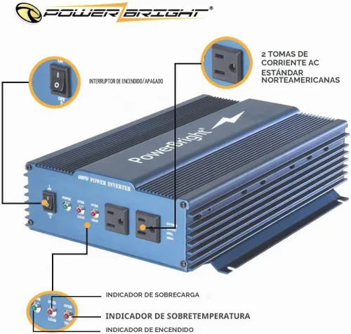 Vista 2 de PowerBright Inversor de corriente de onda sinusoidal pura de 600 vatios, inversor de coche de 12 V CC a 120 V CA con salidas dobles de CA de 120