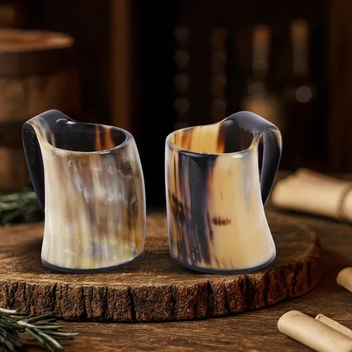 Vista 6 de Handicrafts Home Juego de 2 tazas de cuerno vikingo vikingo, taza de cerveza de cuerno de buey natural real con asa, hecha a mano, medieval, cuerno