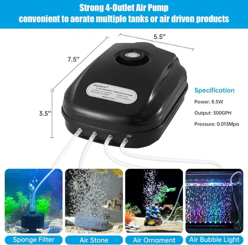 Vista 2 de AQUANEAT Bomba de aire para acuario de 300 GPH, para tanque de peces de hasta 200 galones, potente bomba aireadora hidropónica con tubo, piedras
