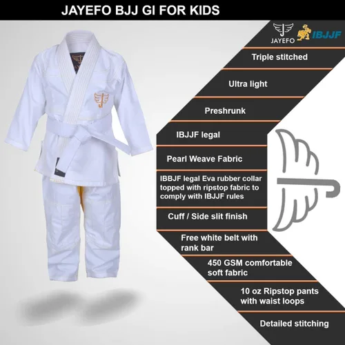 Vista 2 de Jayefo JIU Jitsu GI para niños y niñas, IBJJF Legal BJJ ligero, suave, preencogido, para niños y jóvenes, sin MMA, cinturón blanco
