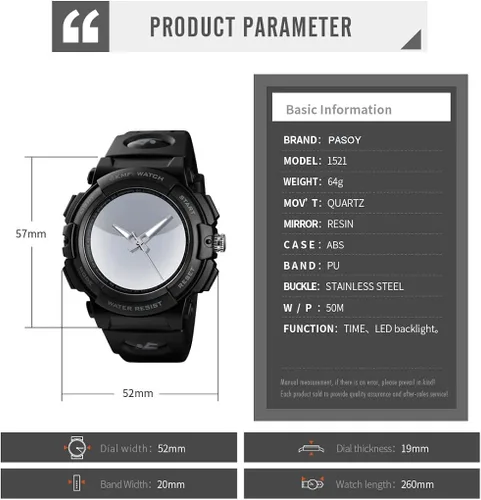 Vista 6 de PASOY Mens Cool Digital Watch LCD Backlight Black Square Stainless Steel Red Rubber Strap Sport Watches