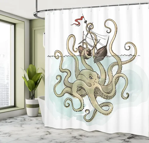 Vista 4 de Ambesonne Kraken - Cortina de ducha, pulpo hundiendo los barcos pirata, mito griego, cultura de peces, imagen artística de dibujos animados, juego
