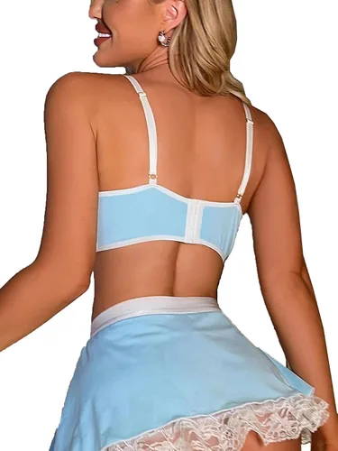 Vista 2 de FlatterMe Conjunto de lencería para mujer con lazo frontal de contraste de encaje