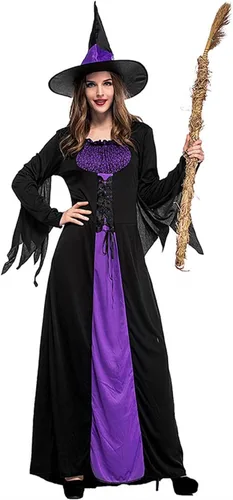 Vista 2 de Colorful House Disfraz de bruja malvada para mujer, vestido clásico de hechicera largo morado