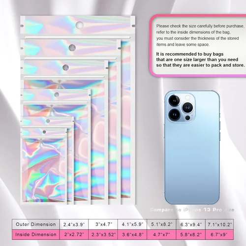 Vista 3 de Paquete de 100 bolsas de Mylar con ventana transparente, holográficas, a prueba de olores, para pequeñas empresas, bolsas resellables