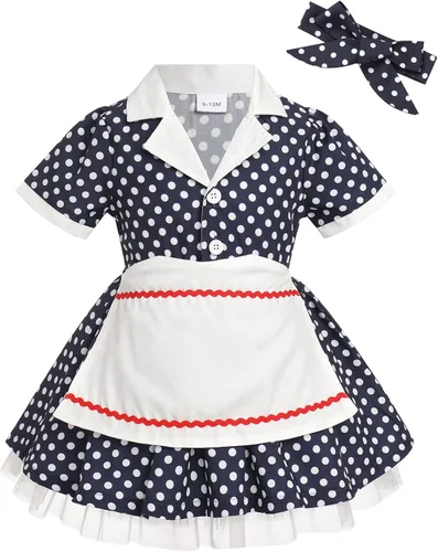 Vista 2 de ODIZLI Disfraz de Halloween para niñas y niñas, vestido de manga corta con volantes y diadema de los años 50, disfraz de fiesta