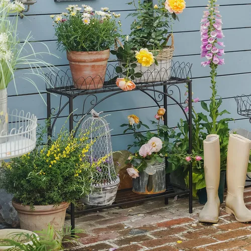 Vista 4 de Estante largo negro de doble capa, soporte de metal estilo patio francés para plantas altas en maceta, soporte resistente para macetas interiores