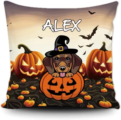 Vista 21 de Funda de almohada personalizada de Halloween, perro labrador con sombrero de bruja, calabaza, Halloween, cachorro, funda de cojín decorativa de lona