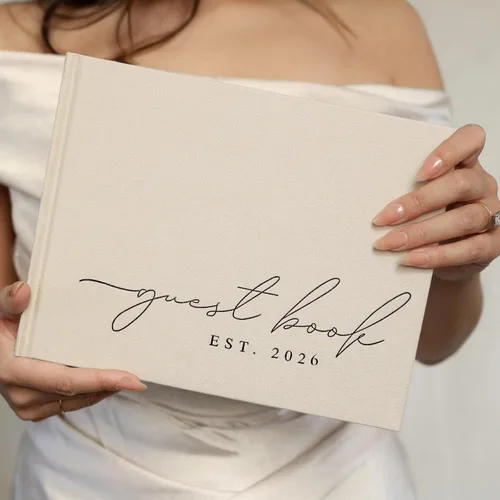 Vista 2 de Libro de invitados de boda personalizado 2026 año – Libro de visitas de fotos de lino para firmar en la recepción – Incluye esquinas de fotos