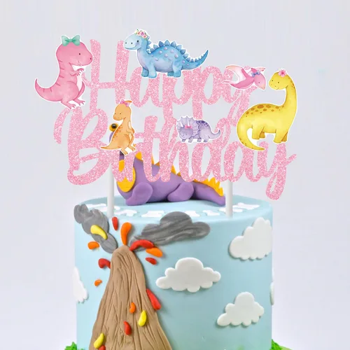 Vista 7 de Decoración de pastel de dinosaurio para fiesta de cumpleaños, decoración de fiesta de cumpleaños de dinosaurio para niñas, 1 pieza de decoración