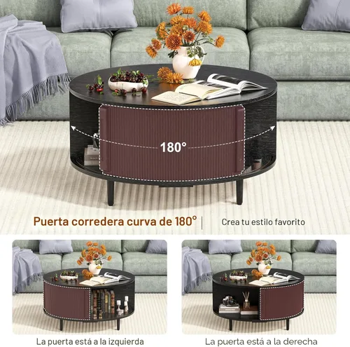 Vista 6 de Mesa auxiliar redonda, mesa central acanalada de 31.5 pulgadas con almacenamiento, mesa de centro elevable con almohadillas ajustables, puerta Negro