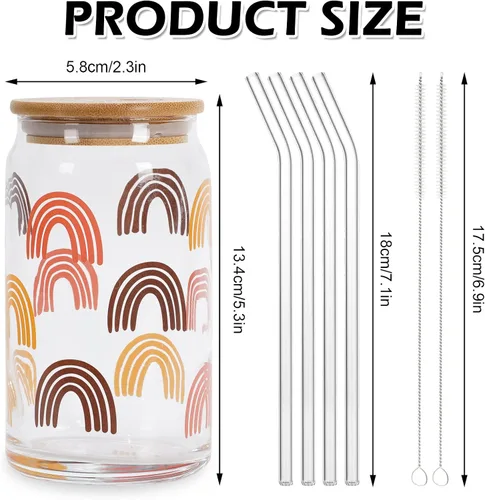 Vista 2 de Whaline 4 tazas de café helado boho con tapas y pajitas de bambú, vasos retro Groovy de 16 onzas, arco iris, cara, flor, cerveza, vaso de vidrio