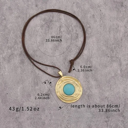 Vista 4 de Collar largo de cuero para mujer, estilo bohemio, círculo, retro, colgante, joyería para mujer