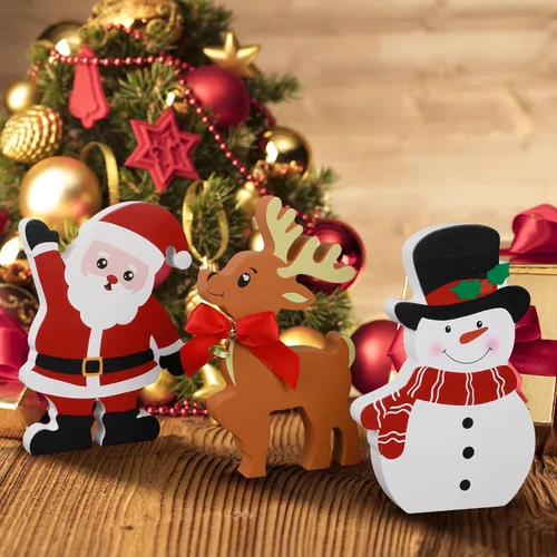 Vista 10 de Decoración de Navidad de muñeco de nieve COCHIE para interiores, lindo juego de decoración de bandeja escalonada de invierno de 3 piezas, bloques