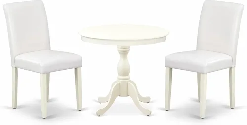 Vista 16 de East West Furniture AMAB3-BCH-61 - Juego moderno de 3 piezas antiguo que contiene una mesa de cocina redonda con pedestal y 2 sillas de comedor