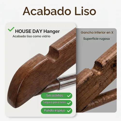 Vista 4 de HOUSE DAY Paquete de 10 perchas de madera resistentes para armario, colgador de madera con acabado liso con barra antideslizante para pantalones
