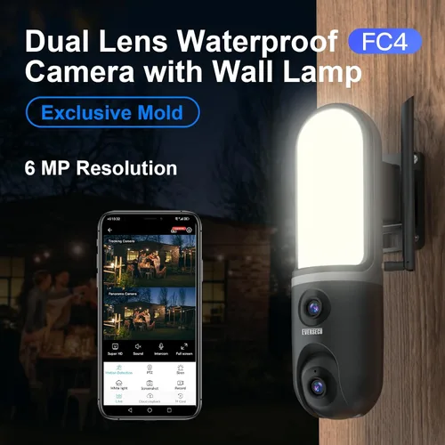 Vista 2 de EVERSECU Cámara de luz de pared impermeable de doble lente, video 3K, reflector de 1200 lm, audio de 2 vías, seguimiento automático PTZ, compatible