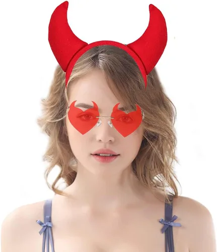 Vista 2 de Conjunto de disfraz de demonio de Halloween, diadema de cuernos de diablo y cola de diablo y cuernos de diablo, lentes de sol de corazón