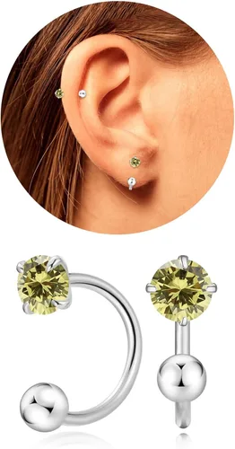 Vista 22 de Pequeños aretes de piedra natal natural de 0.118 pulgadas para mujeres, adolescentes y niñas, pequeños aretes de medio aro para cartílago