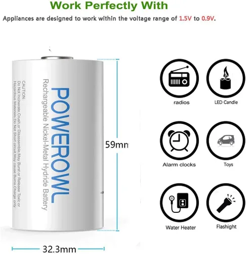 Vista 9 de POWEROWL Baterías recargables D de 10000 mAh de baja autodescarga, NiMH, precargadas, 4 unidades (Recharge Universal)