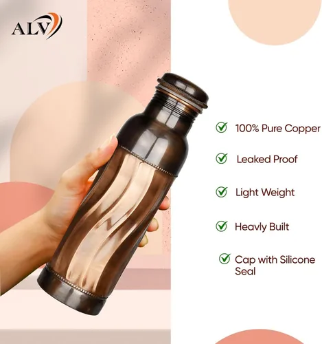 Vista 5 de ALV - Botella de agua de cobre de 34 onzas, botella de cobre puro martillado para beber, recipiente ayurvédico 100% para botella de tapa a prueba