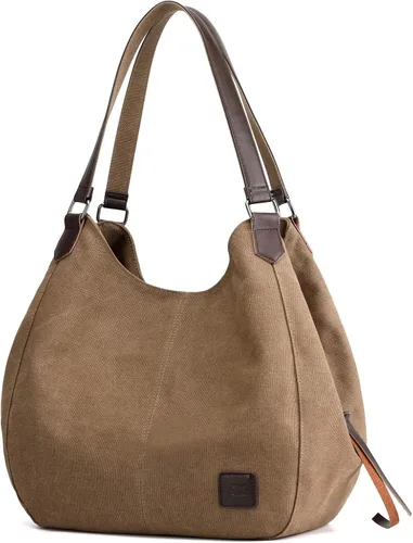 Vista 23 de Dourr Bolso para hombro para mujer, con múltiples bolsillos, bolso de mano moderno de lona de algodón