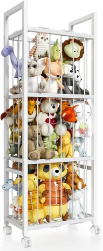 Vista 10 de Almacenamiento de animales de peluche, soporte de metal para animales de peluche con ruedas y cordones elásticos, organizador de juguetes