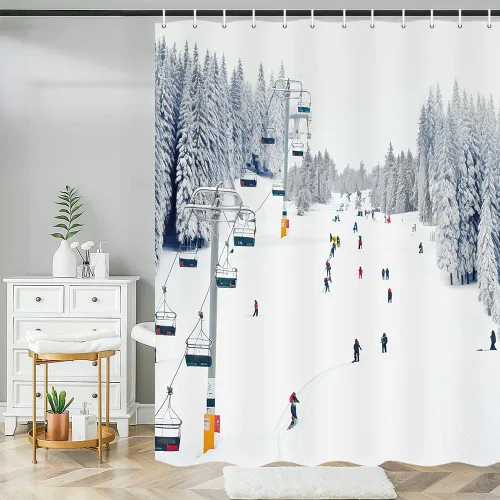 Vista 4 de NYMB Cortina de ducha deportiva, para invierno, vacaciones, viajes, nieve, esquí, teleférico, tela de poliéster, para baño, juego de accesorios
