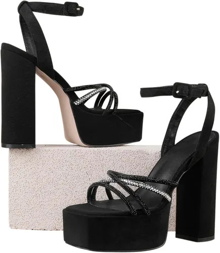 Vista 5 de PTUPLYU Tacones altos negros gruesos para mujer, plataforma de gamuza cuadrada, tacón abierto, tacón de tiras de diamantes de imitación brillantes