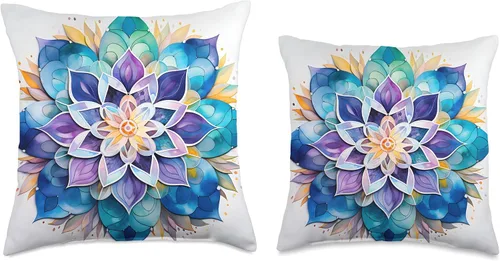 Vista 3 de Meditation Mosaics Almohada colorida con diseño de acuarela azul y mandala, 16 x 16, multicolor