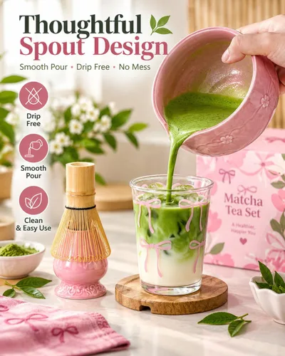 Vista 5 de Juego de 5 piezas de matcha premium con cuenco y batidor de té de bambú de cerámica, incluye soporte de bambú Chasen Chashaku, cuchara, tamiz