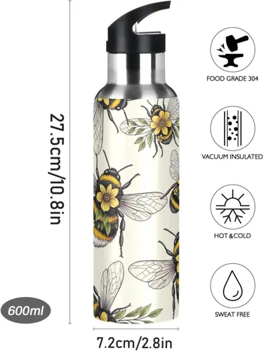 Vista 9 de Insulated Stainless Steel Water Bottle with Straw 20 Oz, Leakproof Water Bottles for Gym Outdoor Travel School, Yellow Flowers Leaves Wings