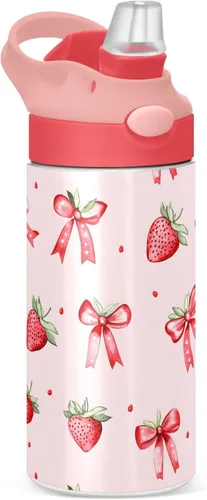 Vista 2 de Botellas de agua aisladas con popote para niños y escuelas, diseño de fresa, de acero inoxidable, rosa, de doble pared, mantiene el calor y el frío