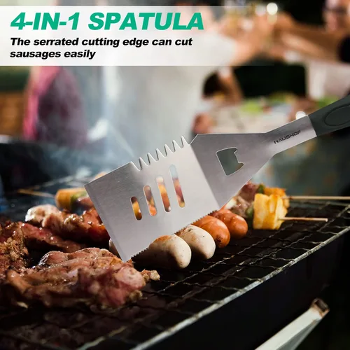 Vista 4 de HAUSHOF Accesorios para Parrilla Grandes de Servicio Pesado, Juego de Barbacoa, Regalos para Hombres y Mujeres - Espátula, Tenedor y Pinzas de Acero