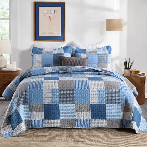 Vista 15 de KALOOLA Colchas de estilo granja tamaño Queen, 100% algodón, colcha acolchada ligera con 2 fundas de almohada, juego de ropa de cama estampada