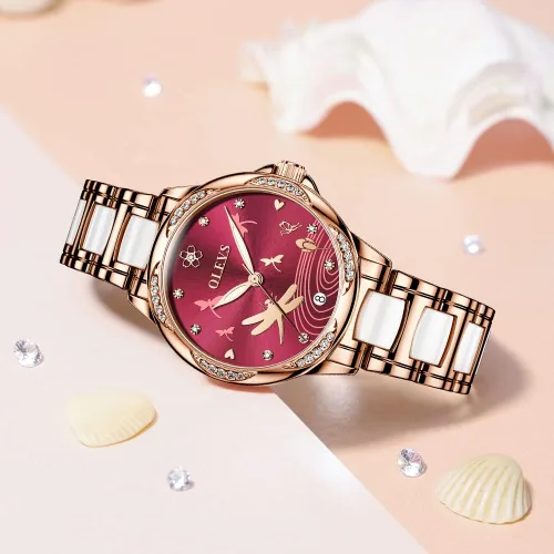 Vista 2 de OLEVS Relojes automáticos para mujer, mecánico, esfera de corazón, esfera de corazón, oro rosa, banda de cerámica, impermeable, luminoso, fecha