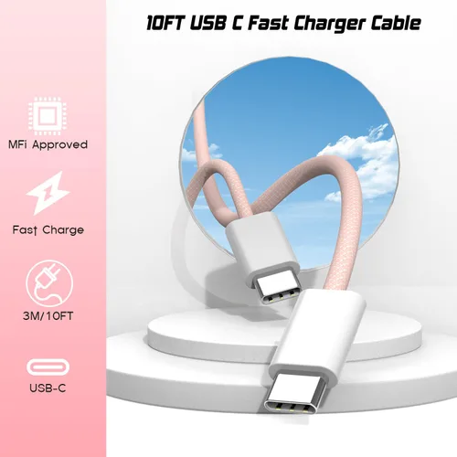 Vista 5 de Cargador de carga rápida para iPhone 18 17 16 Pro Max de 10 pies Rosa