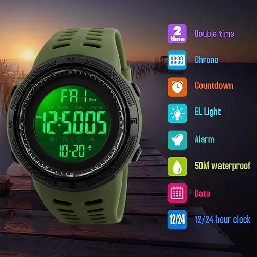Vista 2 de SKMEI Reloj para hombres, reloj digital redondo deportivo militar con luz LED impermeable, cronómetro, cuenta regresiva, alarmas, fecha, cronógrafo