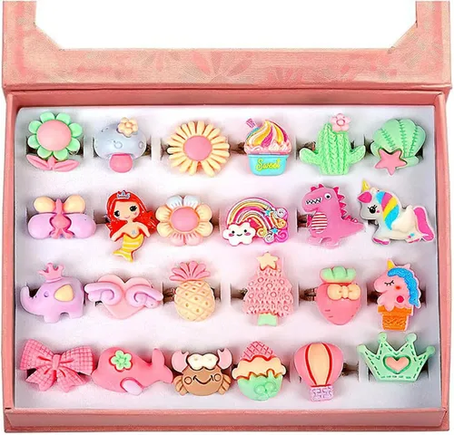 Vista 9 de OSDUE Anillos ajustables para niña, 24 anillos de juego en caja sin duplicados para niños, anillos de simulación y disfraces para niñas de 3 a 12