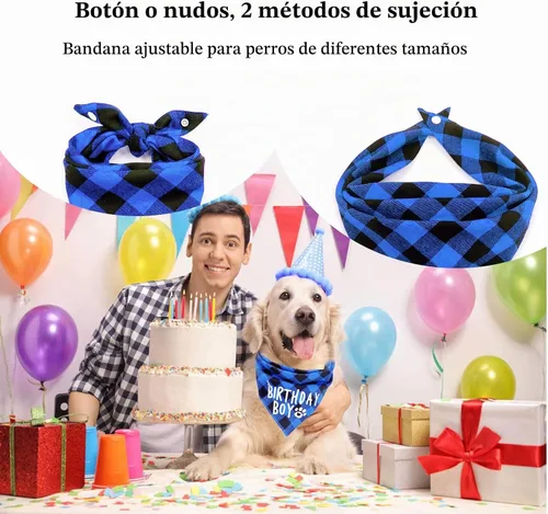 Vista 2 de AnF Bandana de Cumpleaños a Cuadros para Perro y Pañuelo Triangular para Perro - Algodón Suave, Doble Capa, Bandanas Lavables con Botón Ajustable