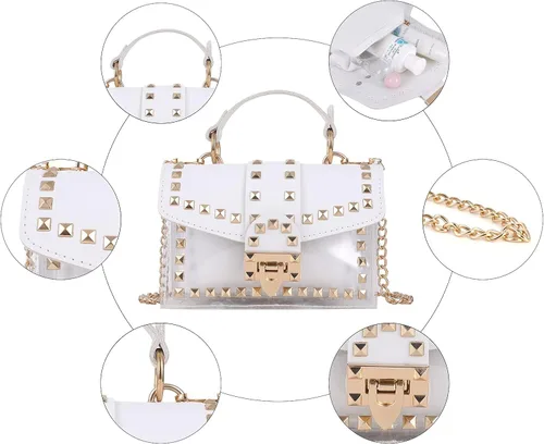 Vista 3 de Bolso de mano para mujer, de piel sintética, con asa superior, transparente, con remaches de cristal, bolsa de mano