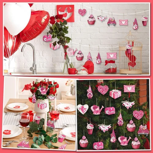 Vista 6 de 24 adornos colgantes rosados de San Valentín – Sobre de corazón para tartas de autos, regalos de rociadores enanos para decoración del día de San