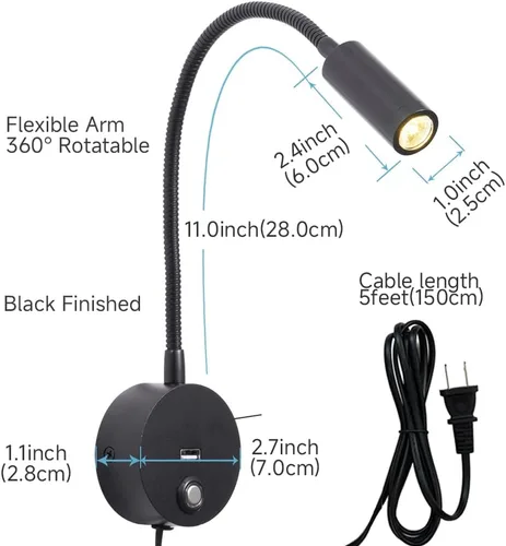 Vista 6 de Luz de lectura regulable montada en la pared con puerto de carga USB, luz de lectura LED enchufable, lámparas de pared con cuello de cisne flexible